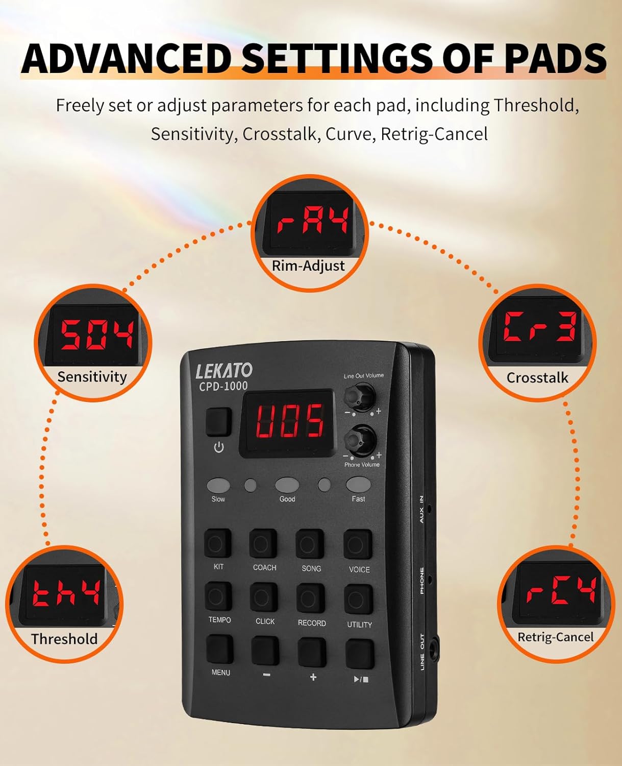 Configurações avançadas dos pads da bateria eletrônica LEKATO com parâmetros ajustáveis em display LED