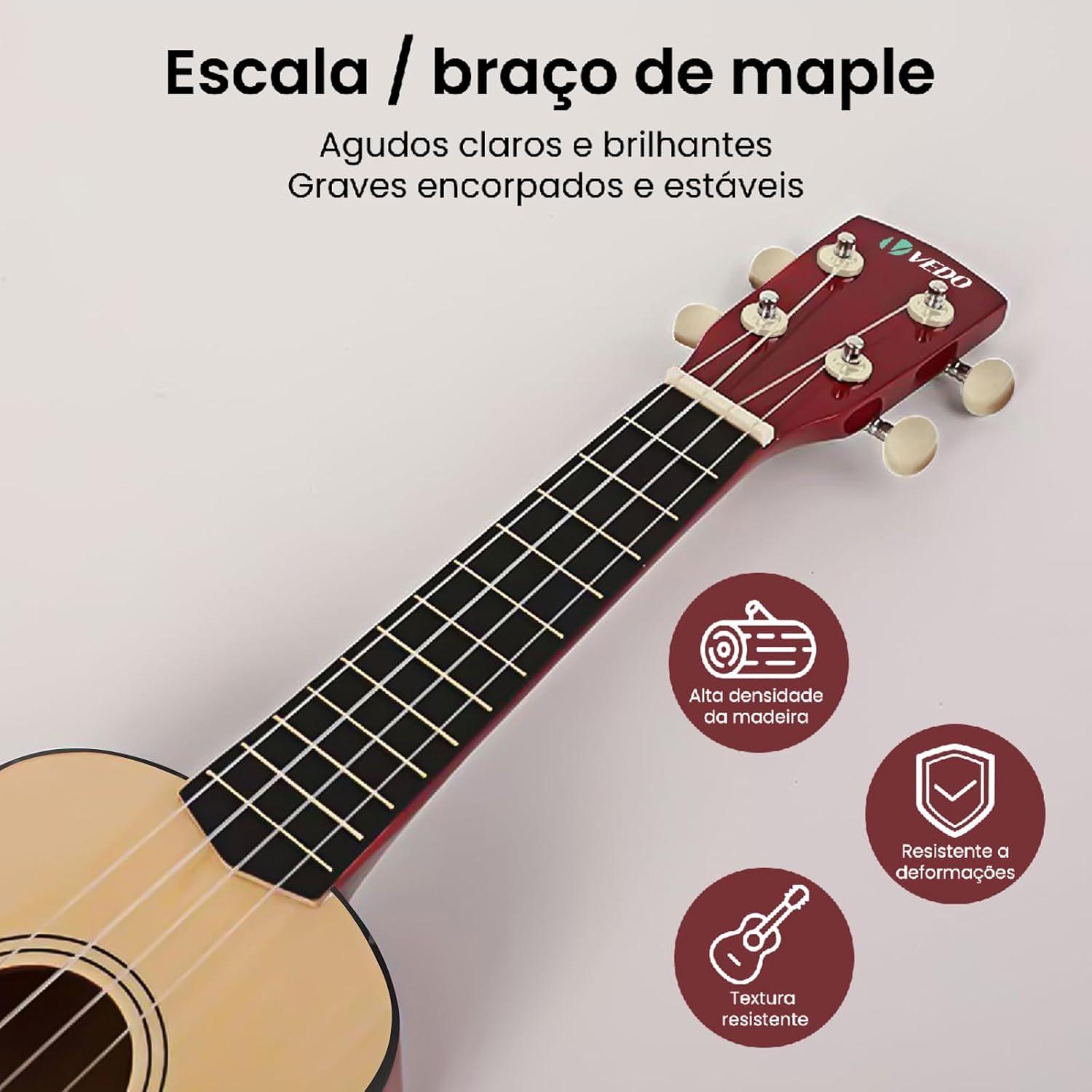 Braço e escala do ukulele ANVAR UK10 em maple com som claro e graves estáveis.