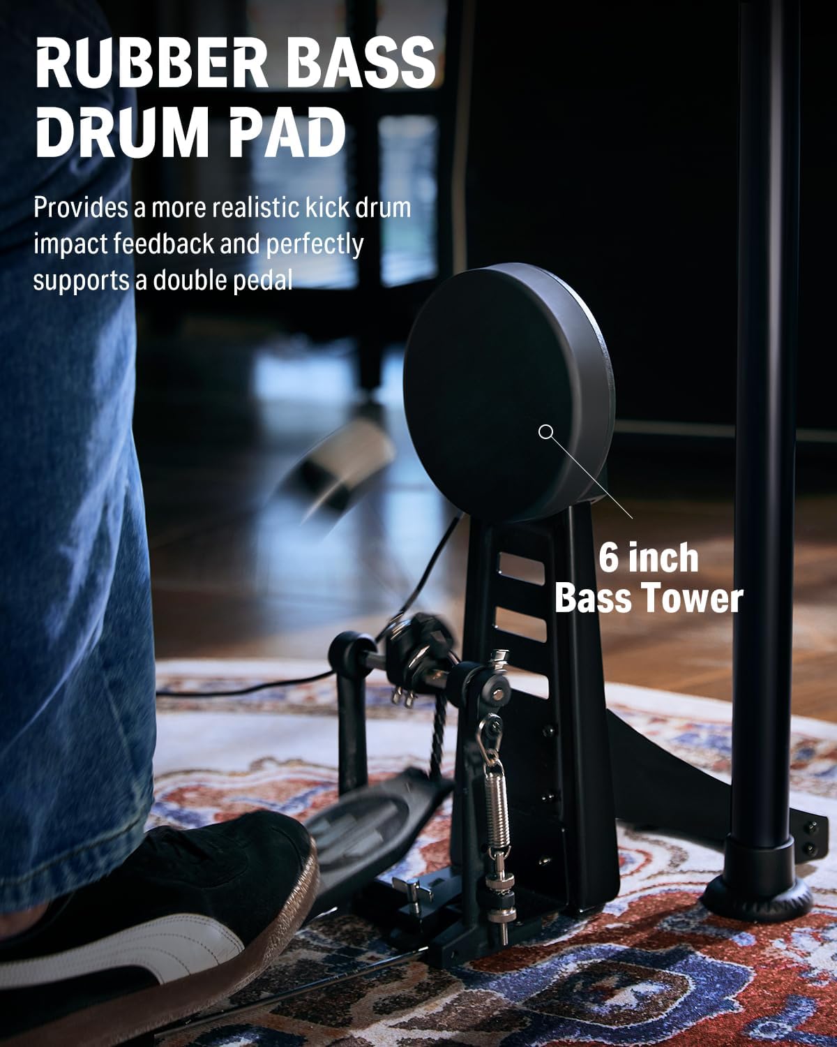 Pedal de bumbo com pad de borracha e suporte para pedal duplo da bateria eletrônica Donner DED-200 MAX.