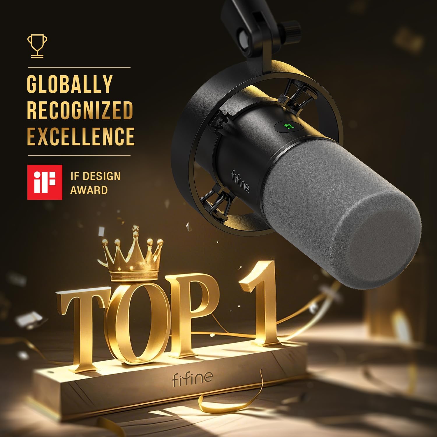 Microfone Fifine K688 com prêmio iF Design Award e destaque como top 1 globalmente reconhecido.