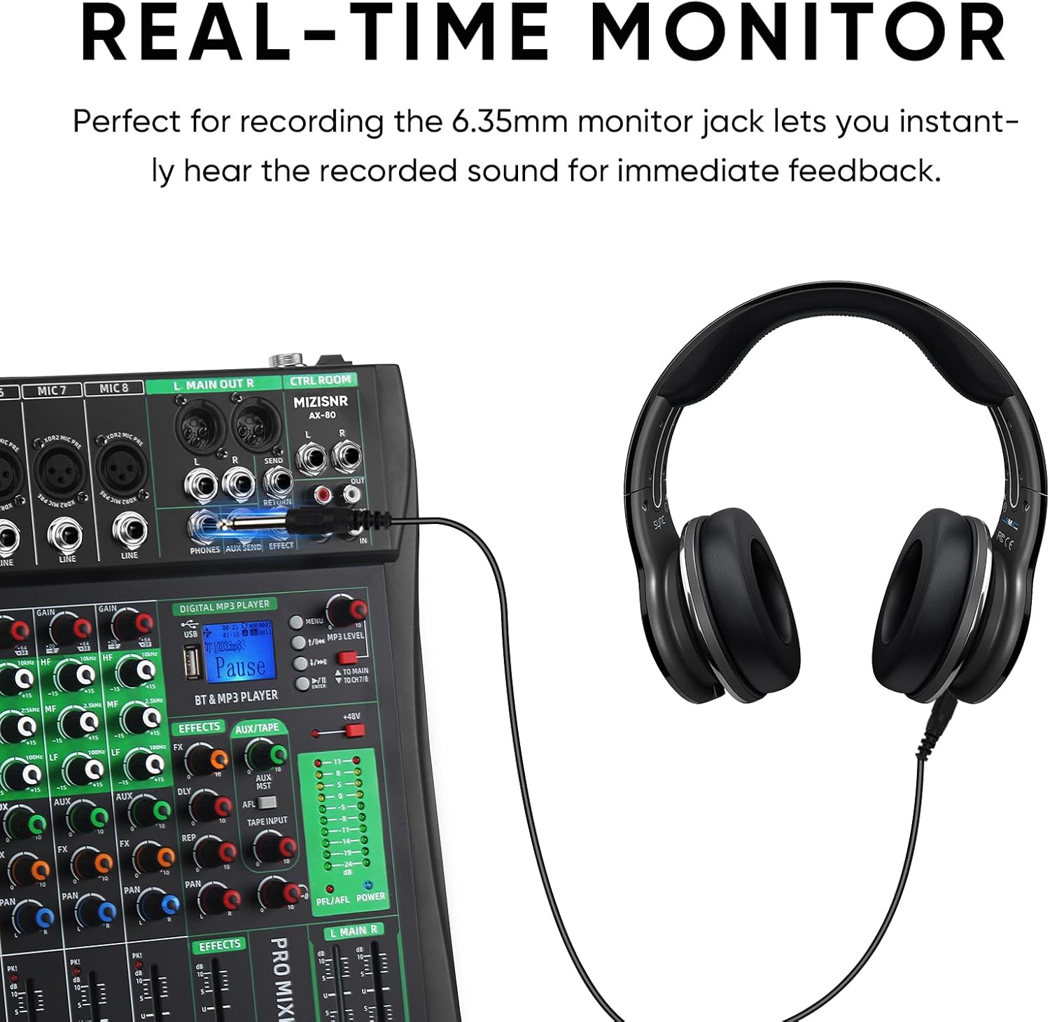 Mixer MIZISNR AX-80 com monitoramento em tempo real através de conector para fone de ouvido 6,35mm