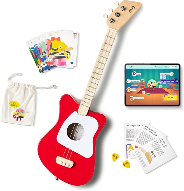 Loog Mini guitarra acústica infantil vermelha 3 cordas para iniciantes com acessórios educativos