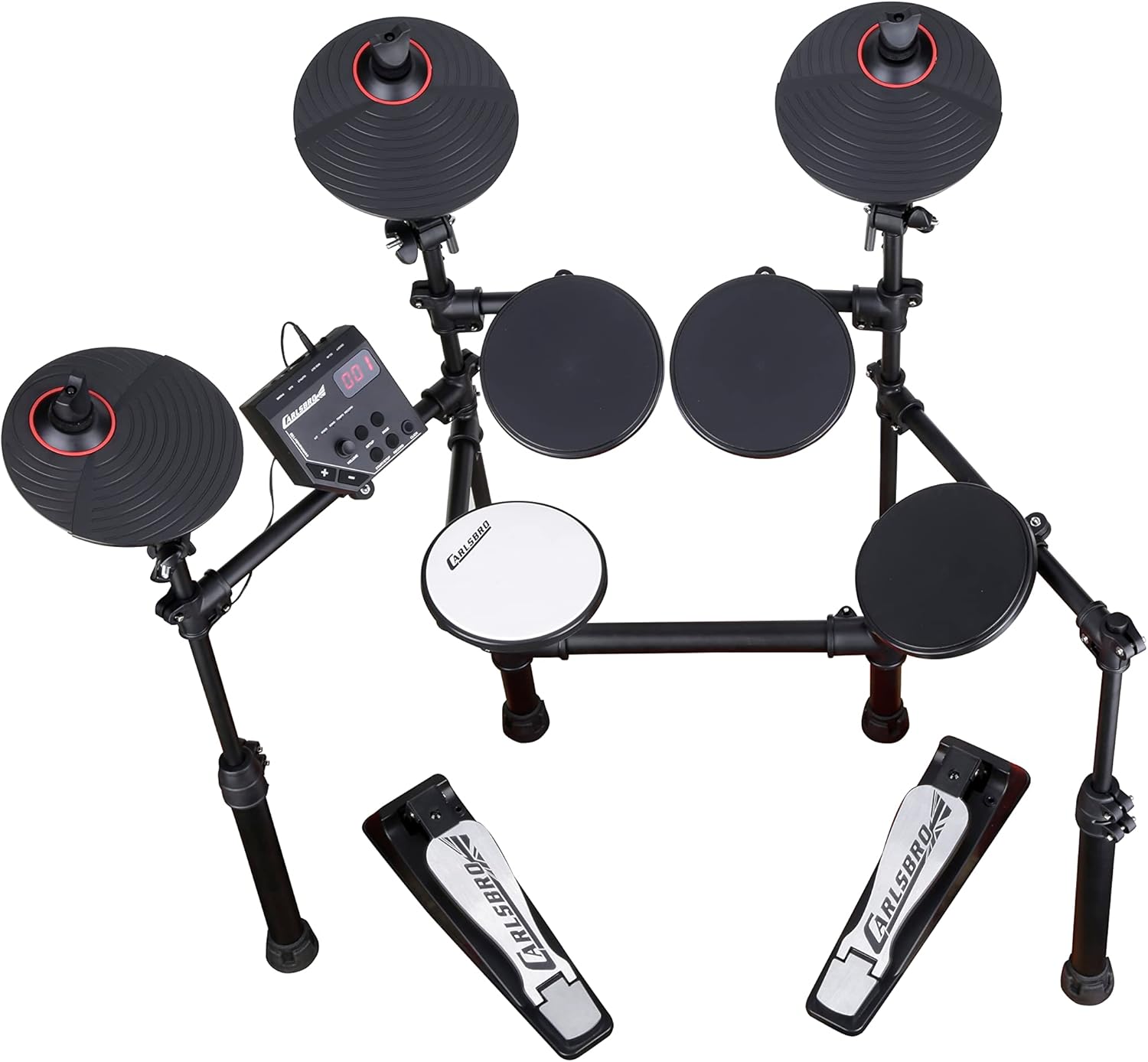 Bateria eletrônica Carlsbro CSD100BP1 com 4 pads, 3 pratos, módulo e pedais em estrutura preta.
