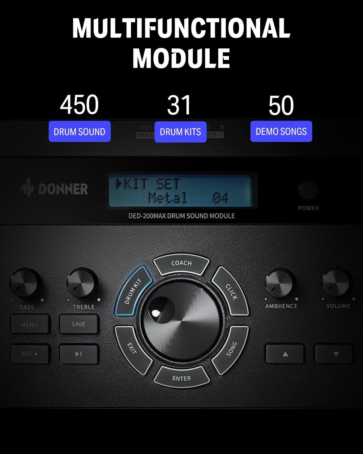 Módulo digital multifuncional da bateria Donner DED-200 MAX com 450 sons, 31 kits e 50 músicas demo