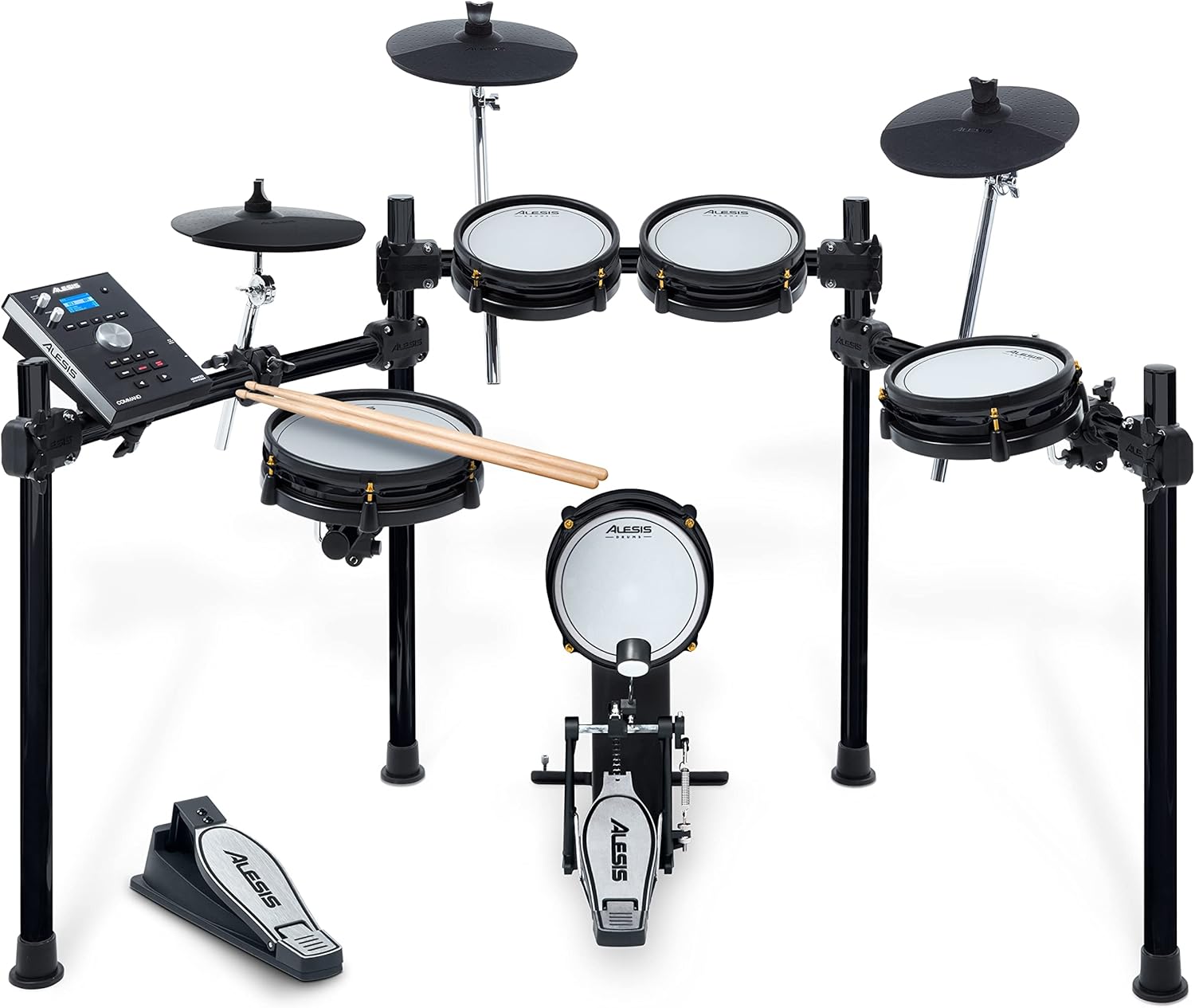 Bateria eletrônica Alesis Command Mesh SE com pads de malha dupla e pedais, módulo eletrônico e suporte metálico.