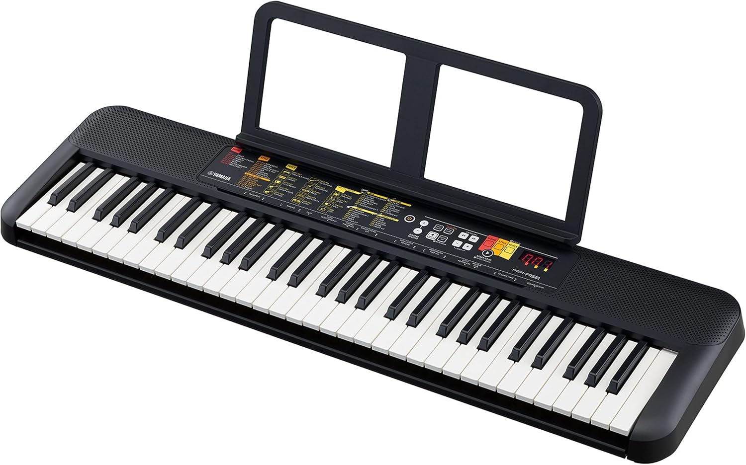 Teclado Yamaha PSR-F52 com suporte para partituras e painel digital colorido.