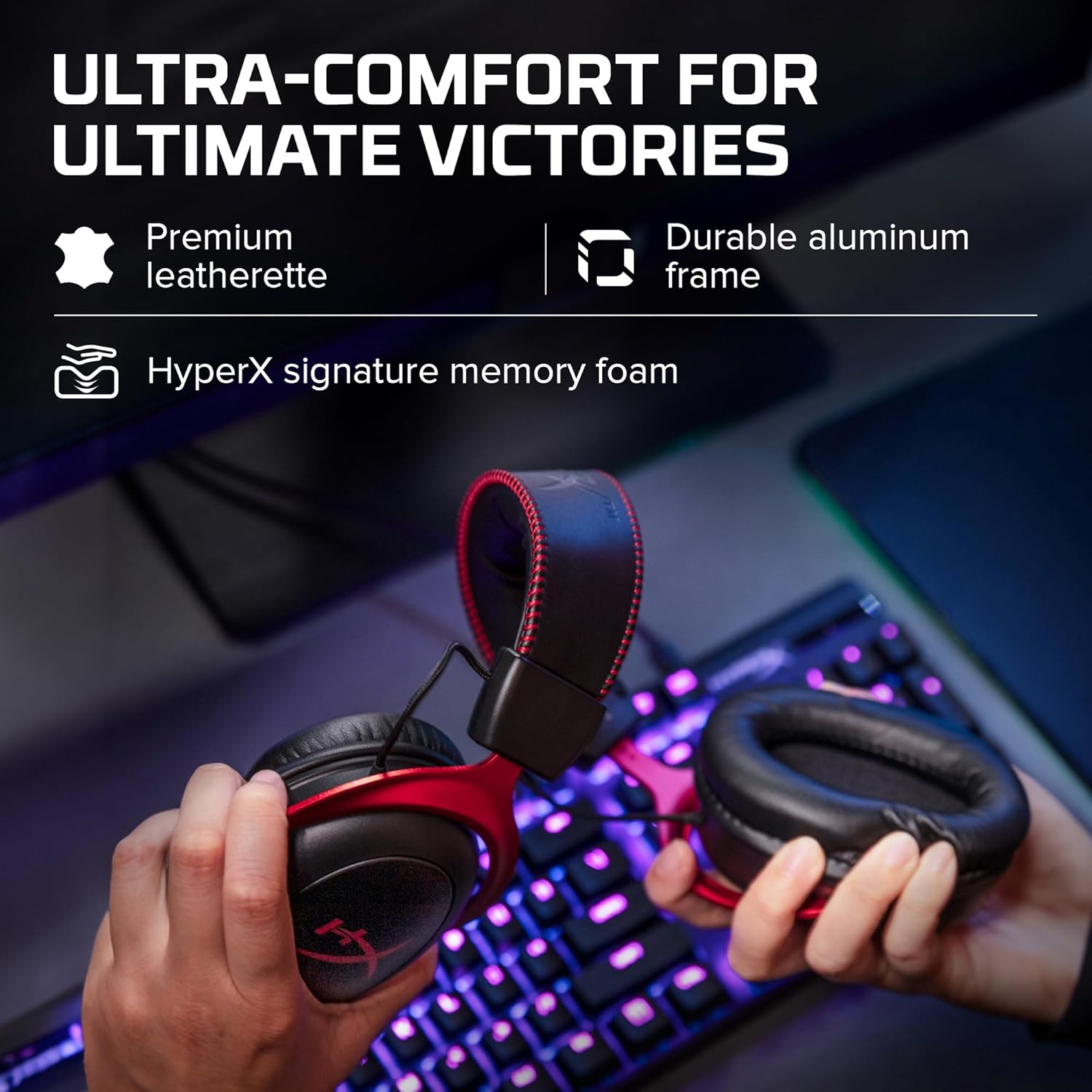 Headset HyperX Cloud II com espuma de memória, couro sintético premium e estrutura de alumínio durável para conforto.