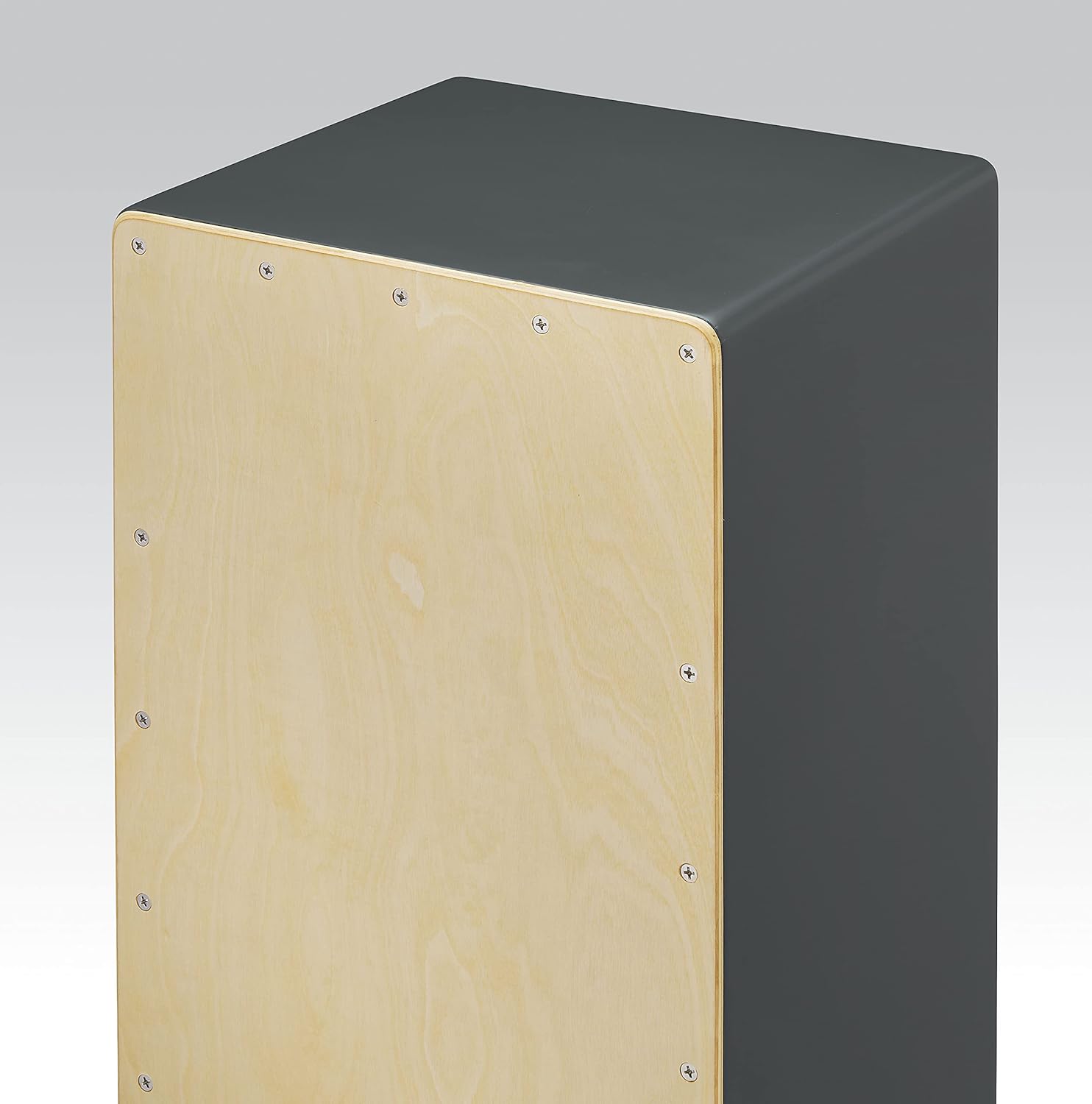 Detalhe da placa frontal de madeira natural da caixa Latin Percussion LP1428NYG com corpo cinza e parafusos metálicos