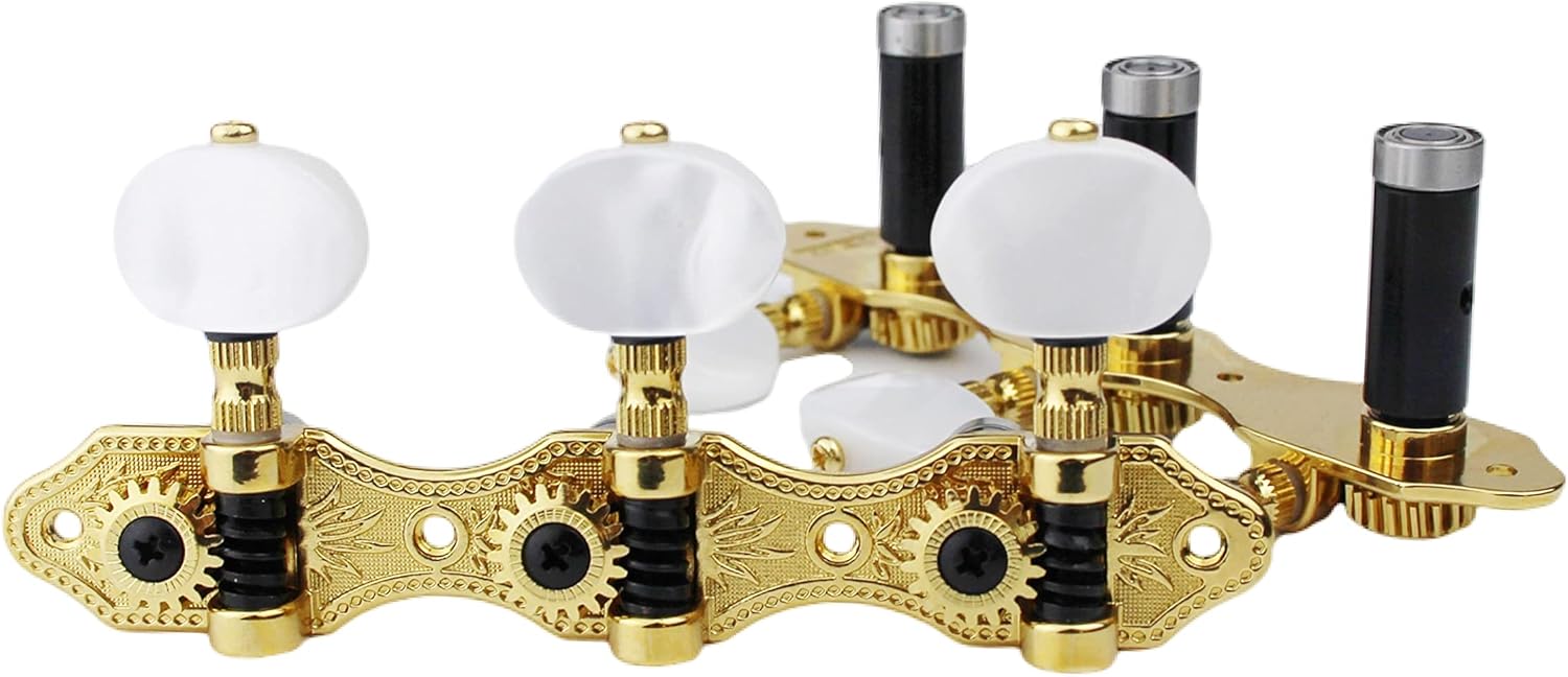 Sintonizadores de guitarra clássica dourados com botões de jade branco perolado e quadro aberto