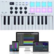 Teclado controlador MIDI ANVAR M-VAVE SMK-25 branco com 25 teclas, 8 pads retroiluminados RGB, botões programáveis e conectividade USB e Bluetooth para produção musical.
