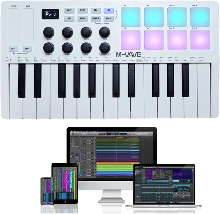 Teclado controlador MIDI ANVAR M-VAVE SMK-25 branco com 25 teclas, 8 pads retroiluminados RGB, botões programáveis e conectividade USB e Bluetooth para produção musical.