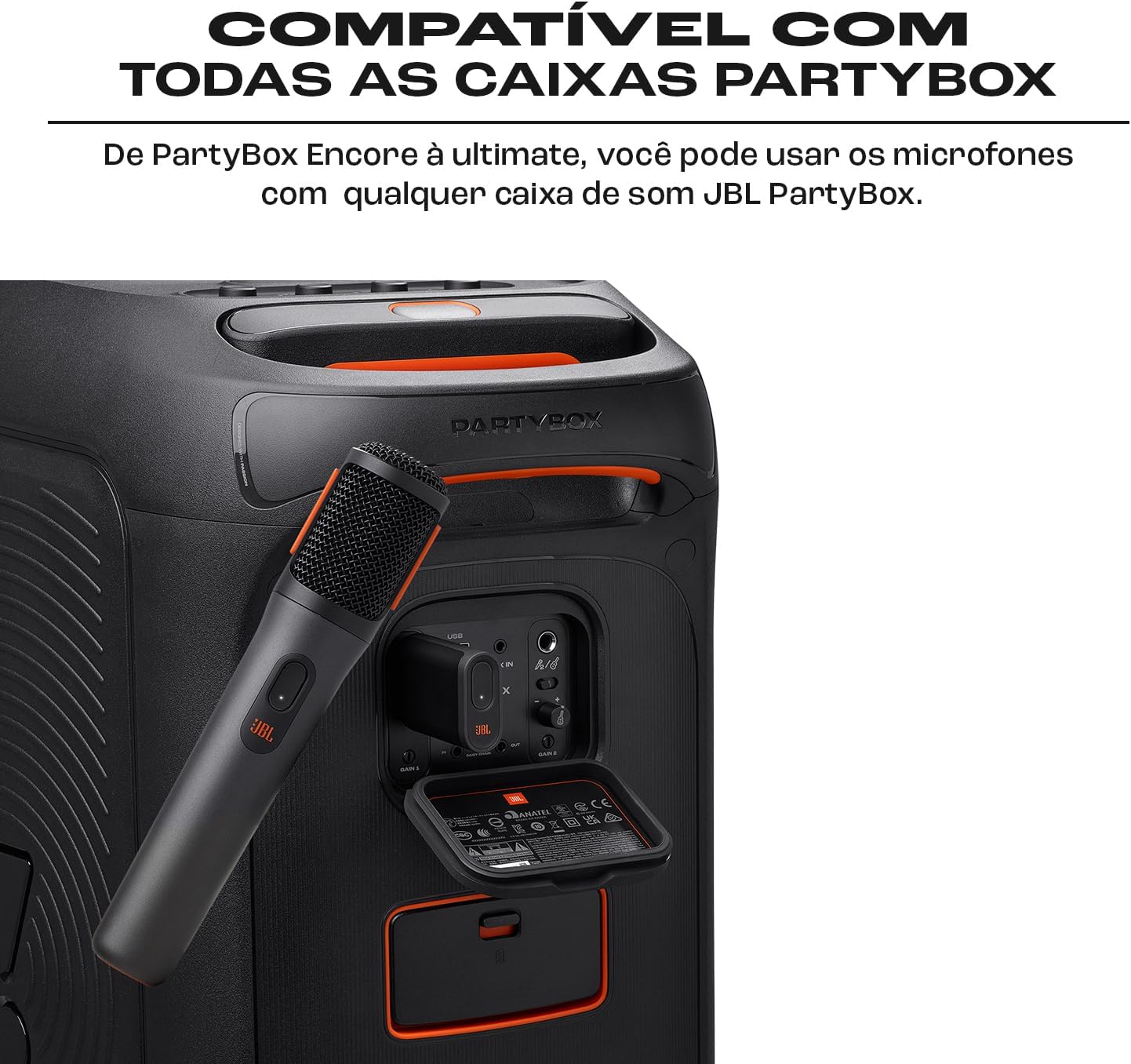 Microfone e receptor sem fio JBL PartyBox preto conectados em caixa de som JBL PartyBox, compatível com todos os modelos.