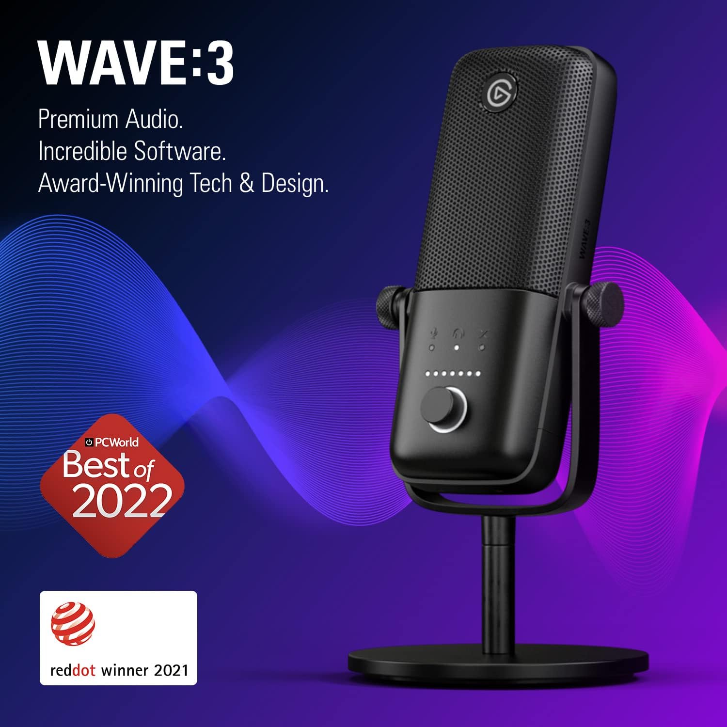 Microfone Elgato Wave 3 com destaque em fundo roxo e selos de premiação Best of 2022 e reddot winner 2021