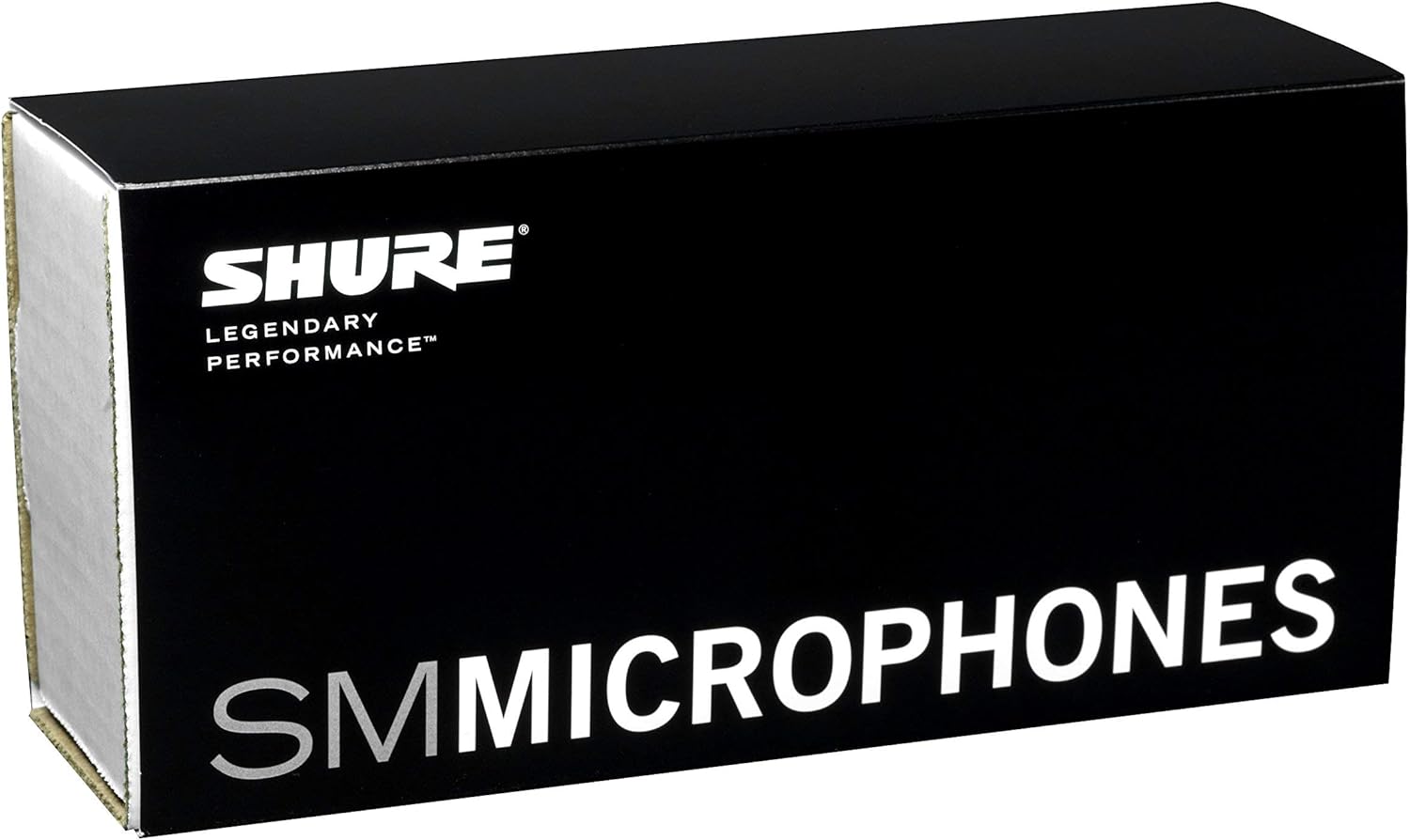 Caixa preta do microfone Shure SM48-LC com logotipo branco e texto 'Legendary Performance'