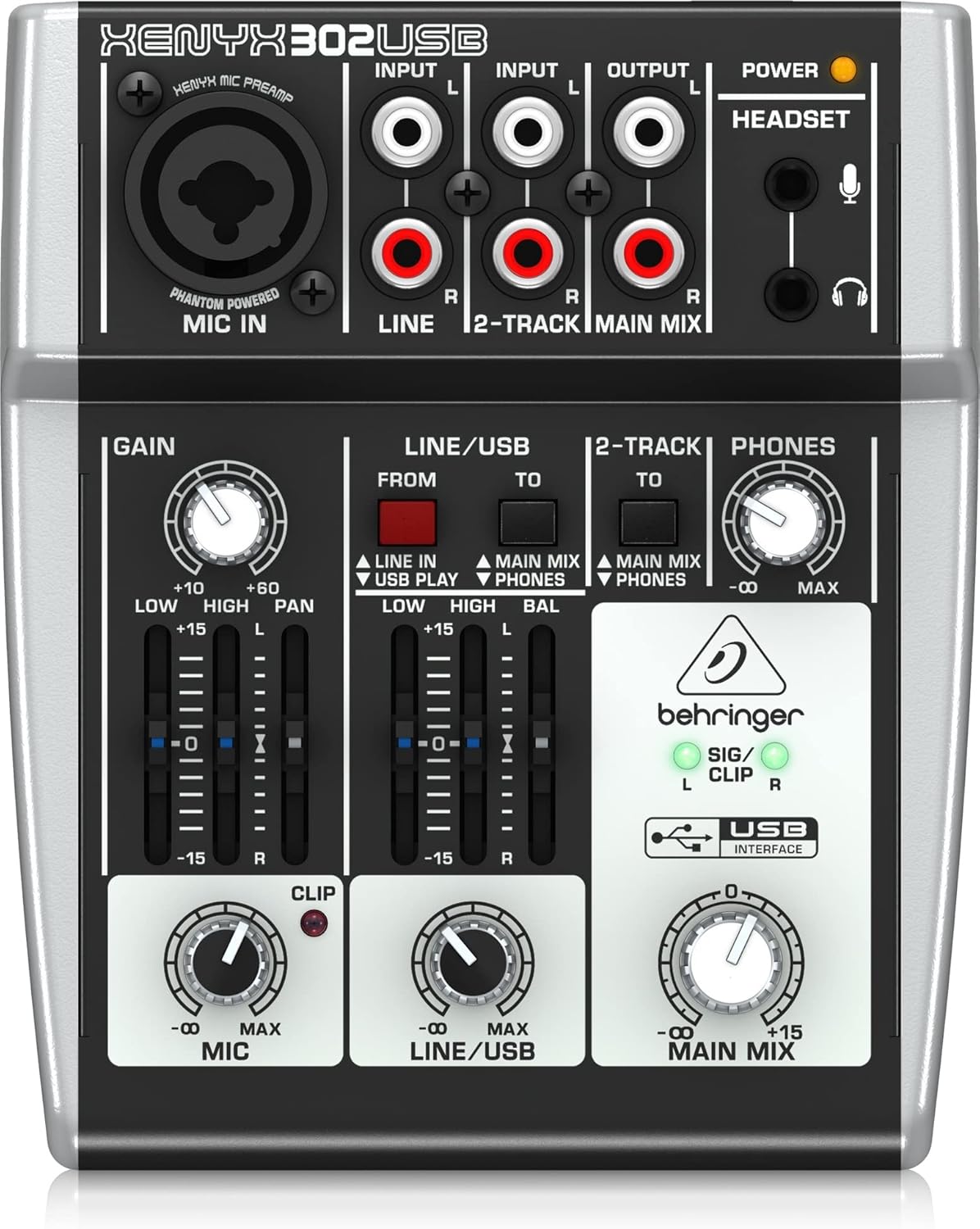 Mesa de som Behringer XENYX 302USB com controle de ganho, equalização, entradas RCA e USB, saída para fones, painel frontal preto e cinza.