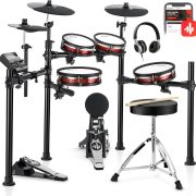Donner DED-200 MAX bateria eletrônica com pads de malha, controlador, pedal duplo, banco e fones de ouvido.