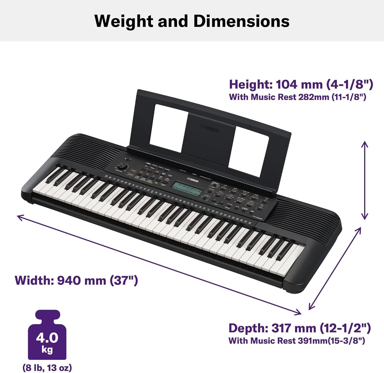 Dimensões e peso do teclado Yamaha PSR-E283 portátil com 61 teclas, 4 kg, 940x317x104 mm