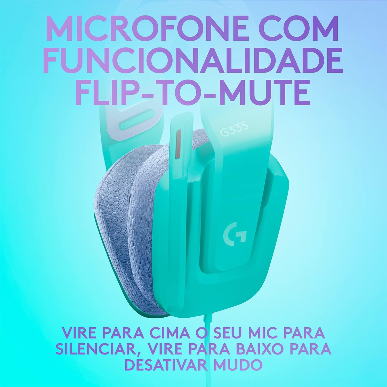 Atributos principais do headset Logitech G335, incluindo conforto, microfone flip-to-mute e drivers de áudio de 40 mm