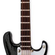 Miniatura de guitarra elétrica preta 4 polegadas vista frontal com detalhes realistas.