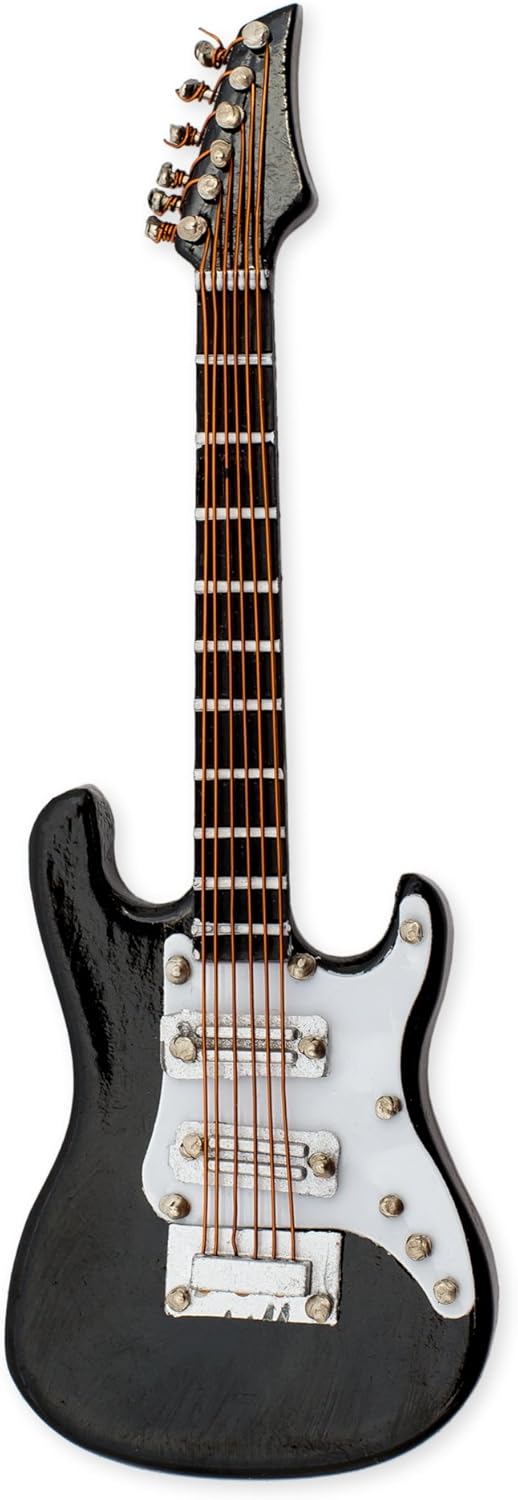Miniatura de guitarra elétrica preta 4 polegadas vista frontal com detalhes realistas.