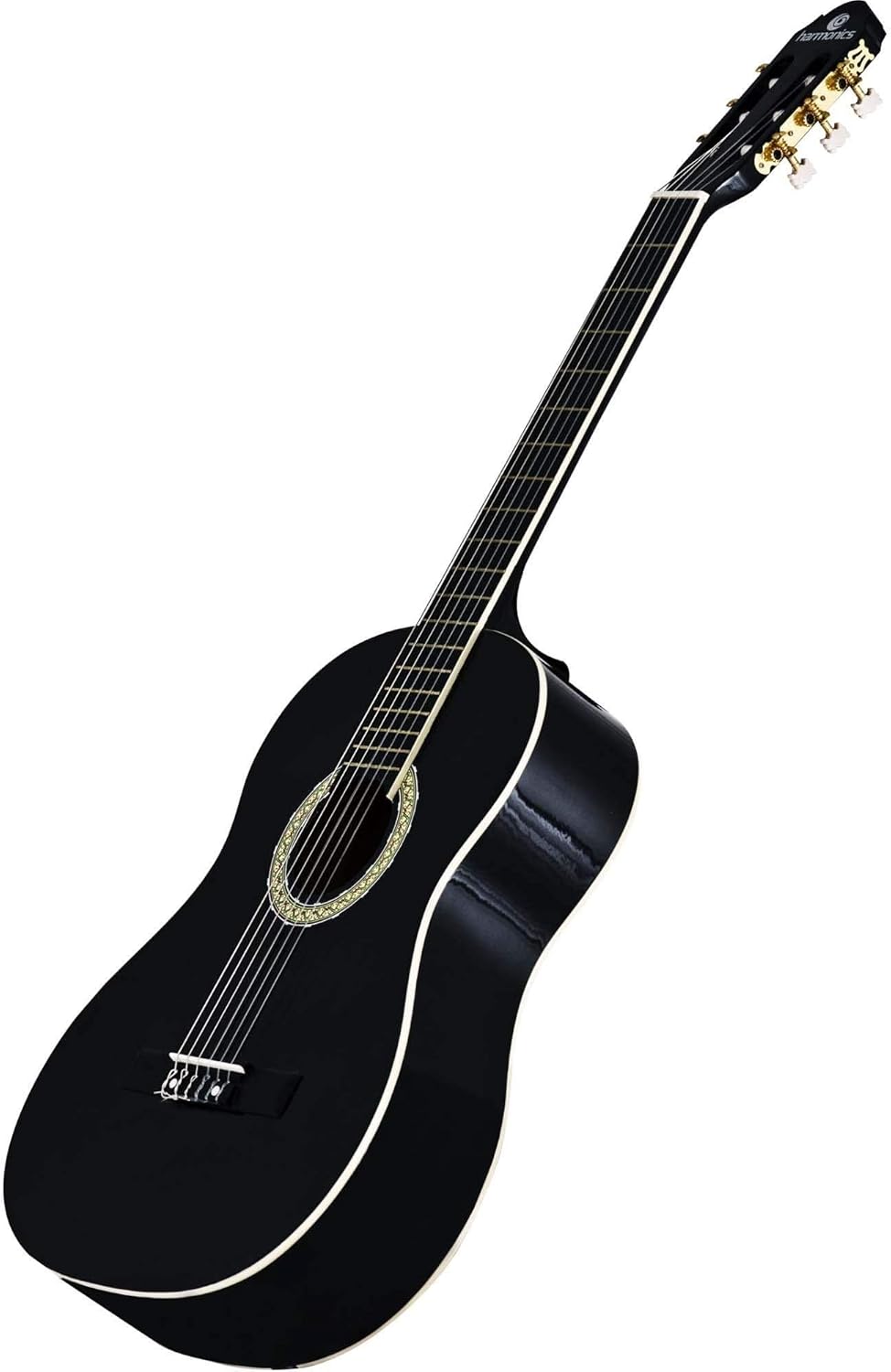Violão Harmonics GC-10BK Nylon Preto com Verniz Brilhante em vista lateral, mostrando corpo e braço elegantes.