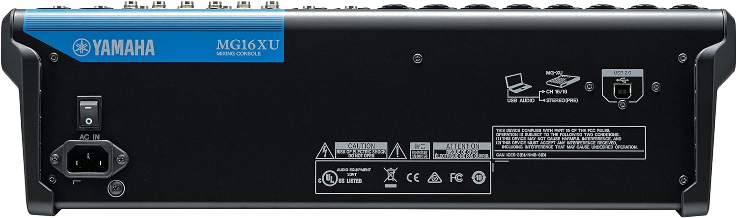 Vista traseira da mesa de som Yamaha MG16XU com conexões USB e áudio
