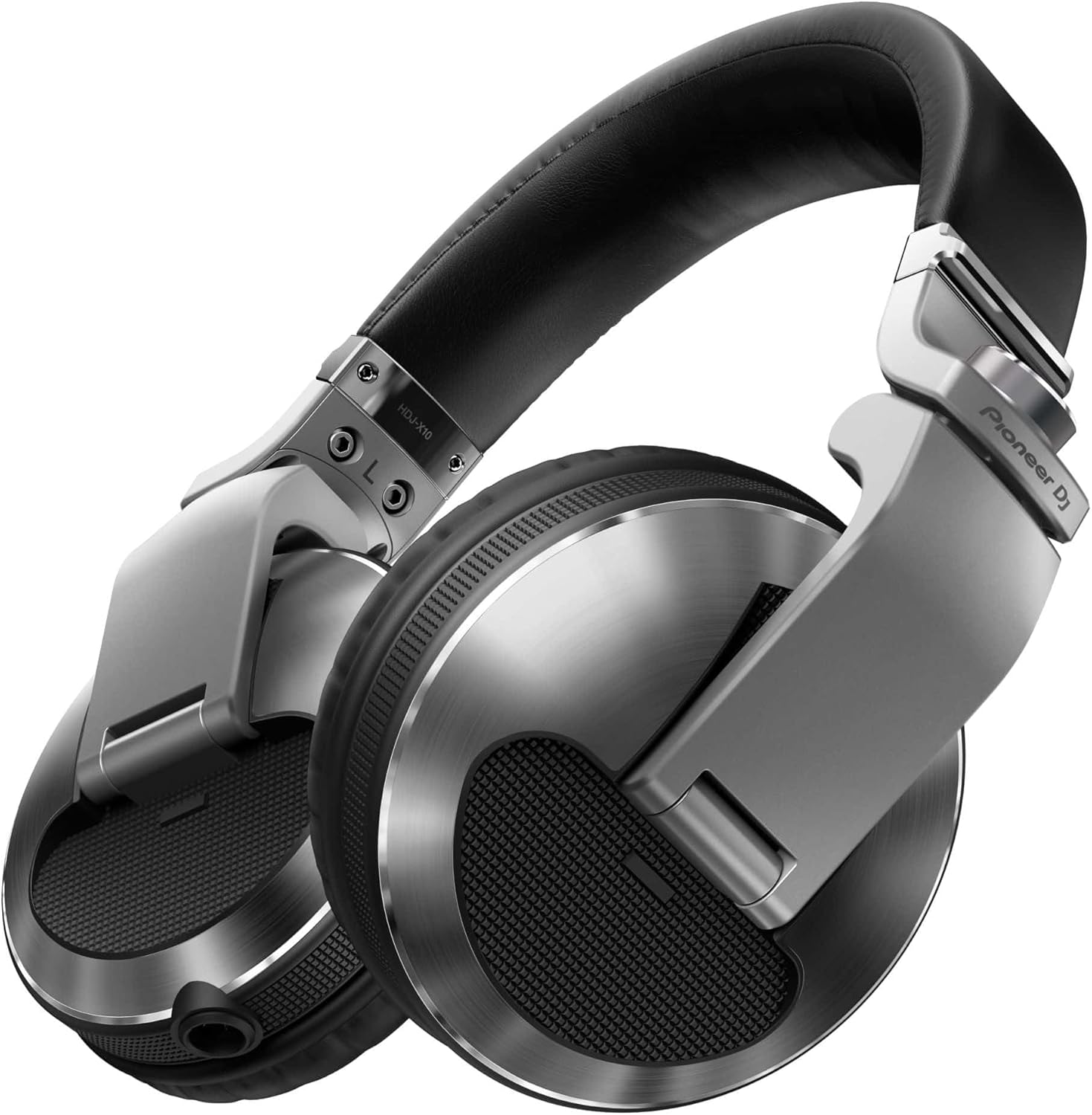 Fone Pioneer HDJ-X10 de frente com almofadas acolchoadas e estrutura metálica prateada com logo Pioneer DJ