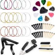 Kit completo LinnWell com cordas coloridas, palhetas diversas, pinos, alicate e capotraste para guitarra.