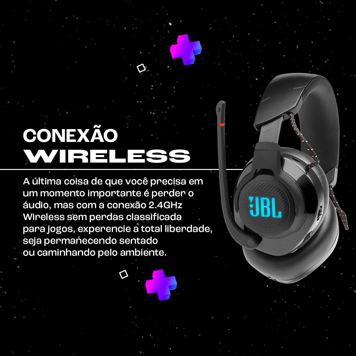 Headset gamer JBL Quantum 610 wireless 2.4GHz com texto explicativo