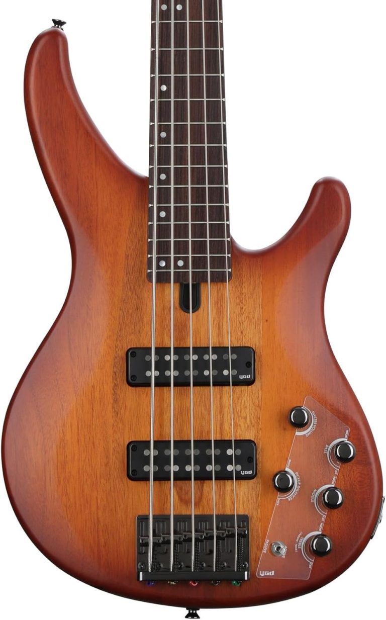Contrabaixo elétrico Yamaha TRBX505 BRB 5 cordas em acabamento Brick Burst com captadores duplos e controles variados