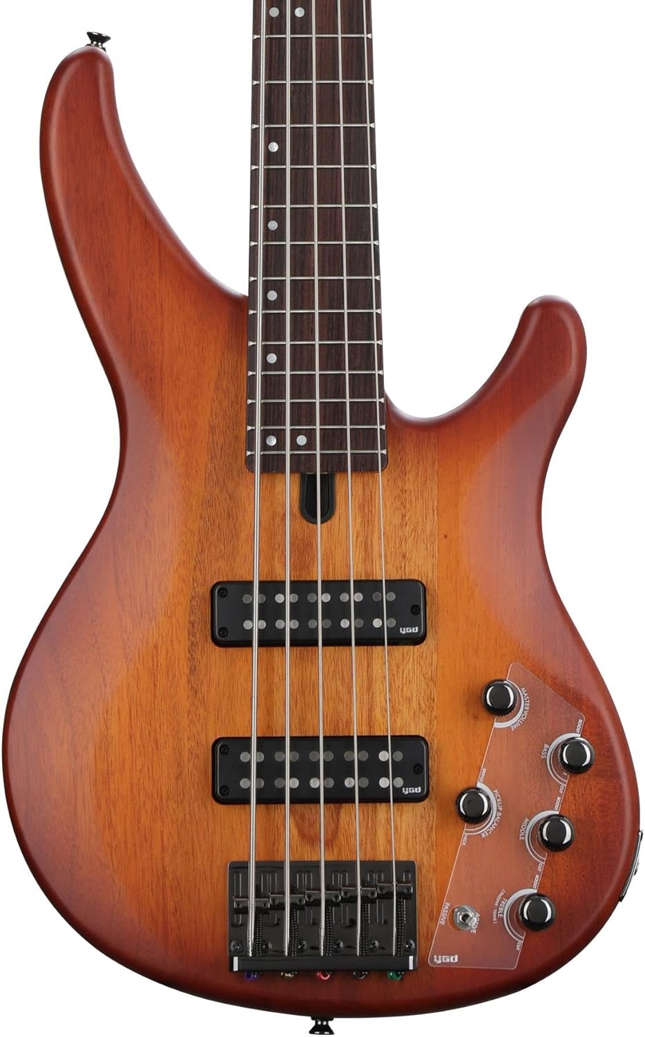 Contrabaixo elétrico Yamaha TRBX505 BRB 5 cordas em acabamento Brick Burst com captadores duplos e controles variados