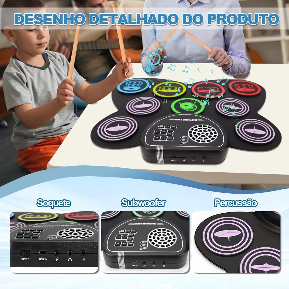Detalhe do módulo e pads da bateria eletrônica portátil Yedelna com controles e conexões diversas.