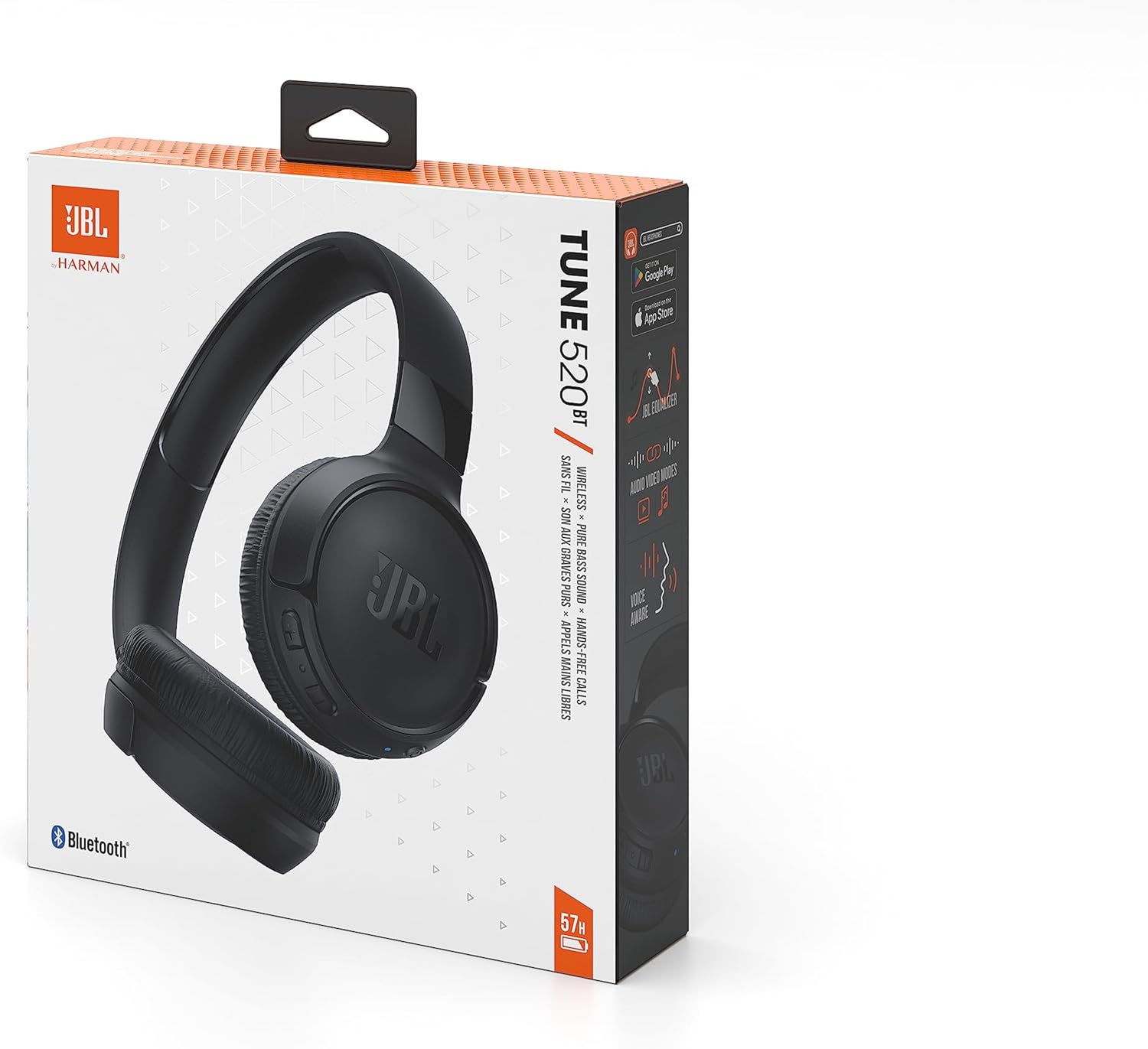 Embalagem do fone de ouvido JBL Tune 520BT preto com destaque para Bluetooth e autonomia de 57 horas