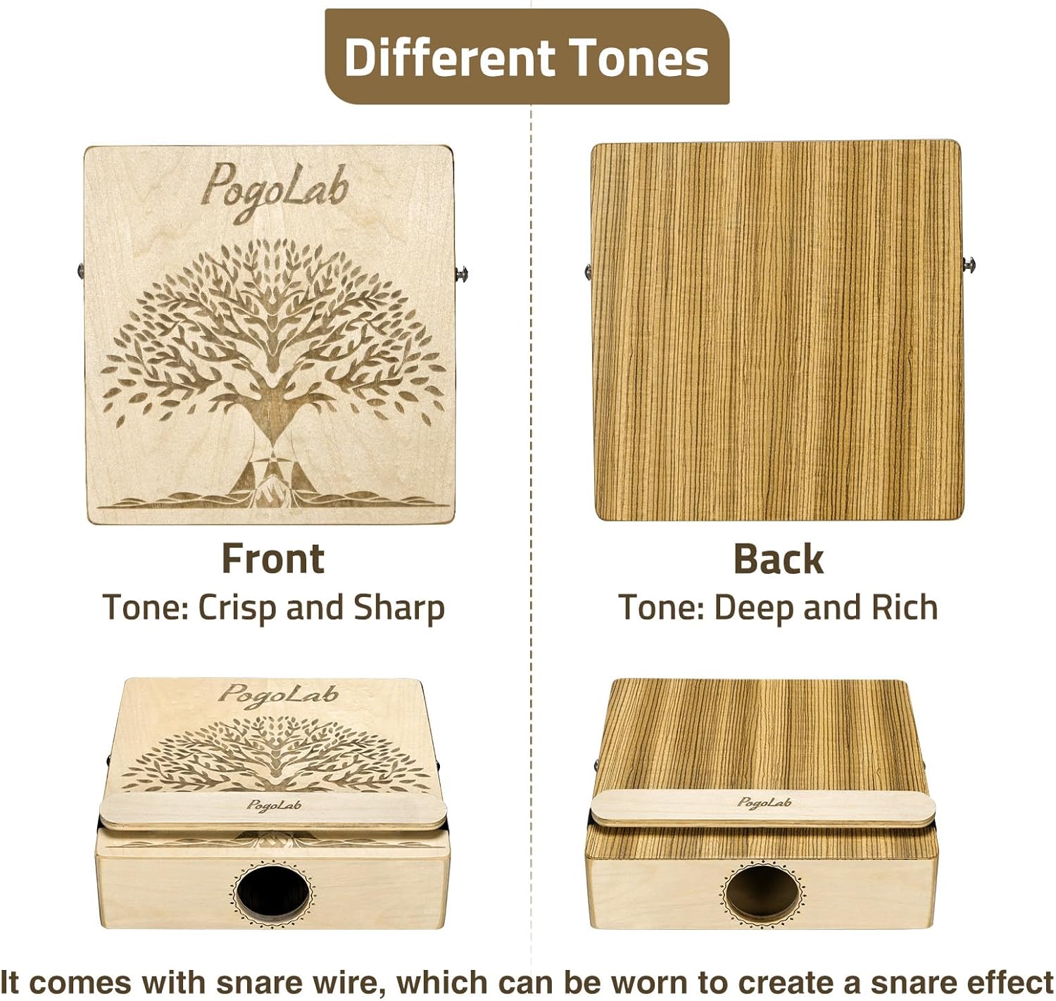 Cajon POGOLAB mostrando frente e verso com diferentes tons sonoros e efeito snare