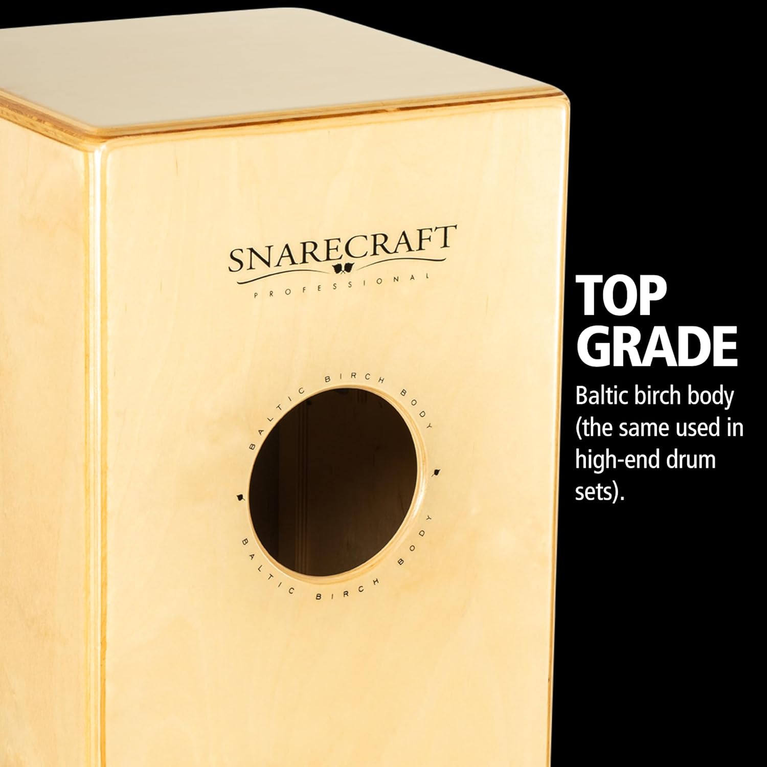 Meinl Snarecraft Professional Cajon com corpo em bétula báltica de alta qualidade e furo de som circular.