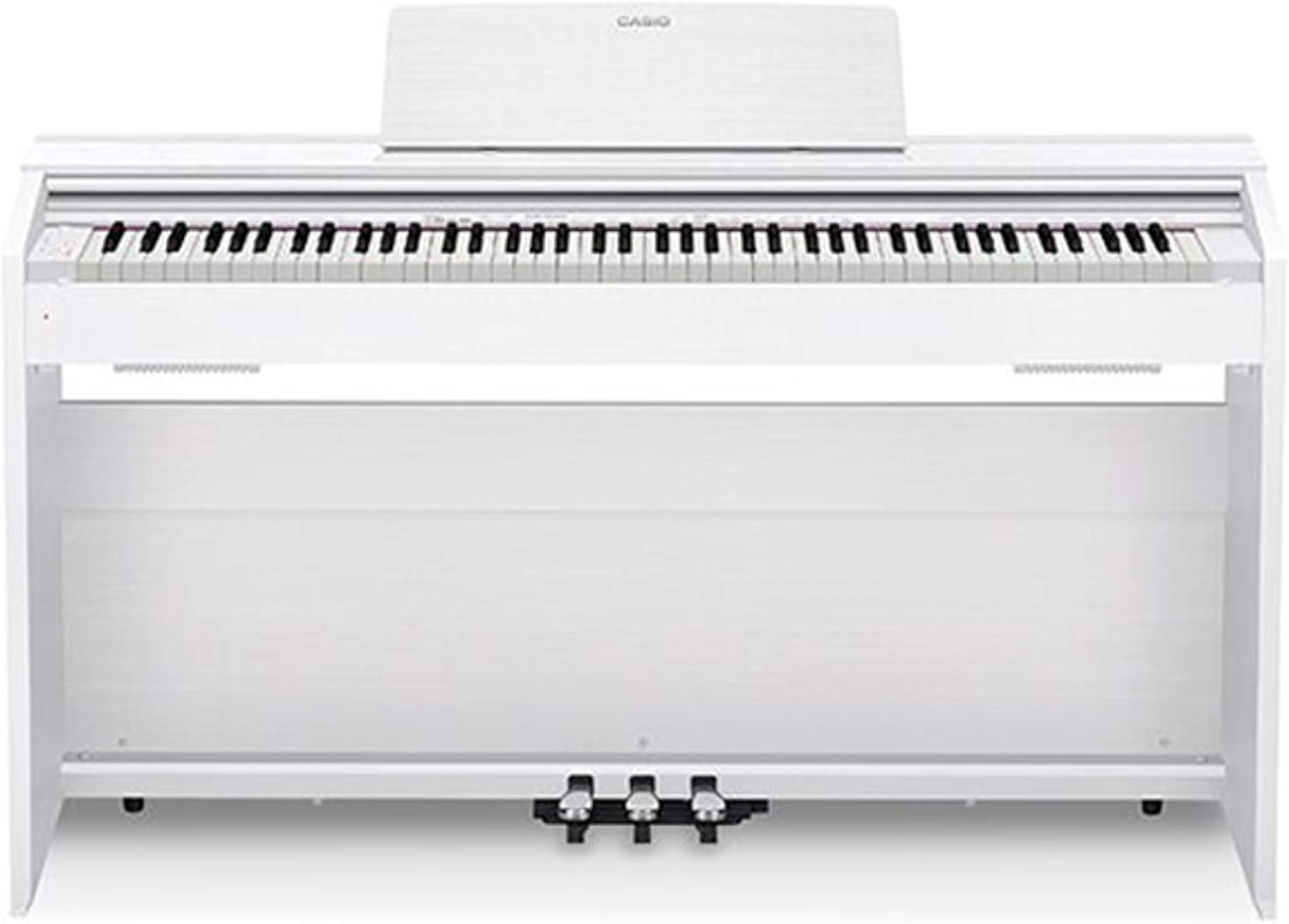 Piano digital Casio PX-870 Privia branco com 88 teclas sensíveis e pedais, vista frontal.