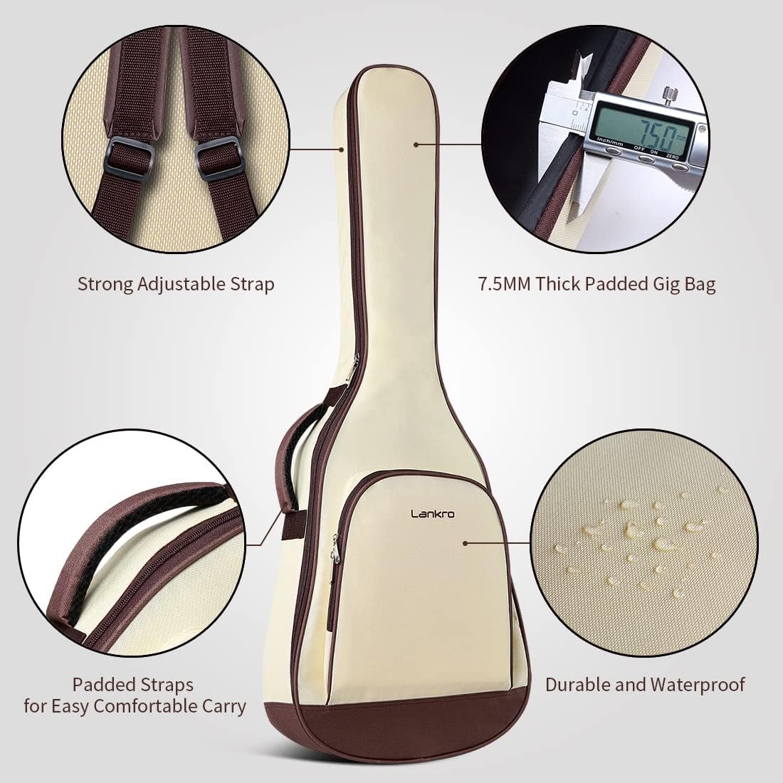 Capa acolchoada para guitarra Lankro com correias ajustáveis, impermeável e bolso frontal
