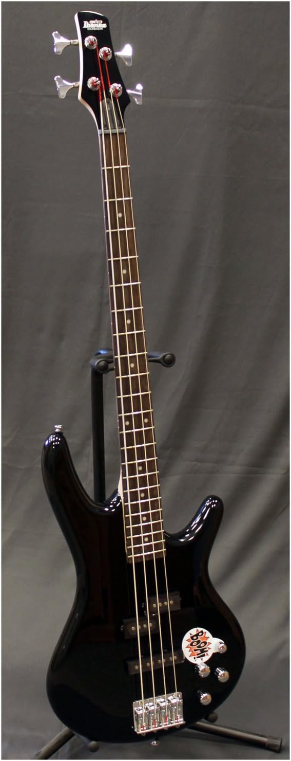 Contrabaixo Ibanez GSR200BK preto brilhante com adesivo colorido, captadores split coil e acabamento liso