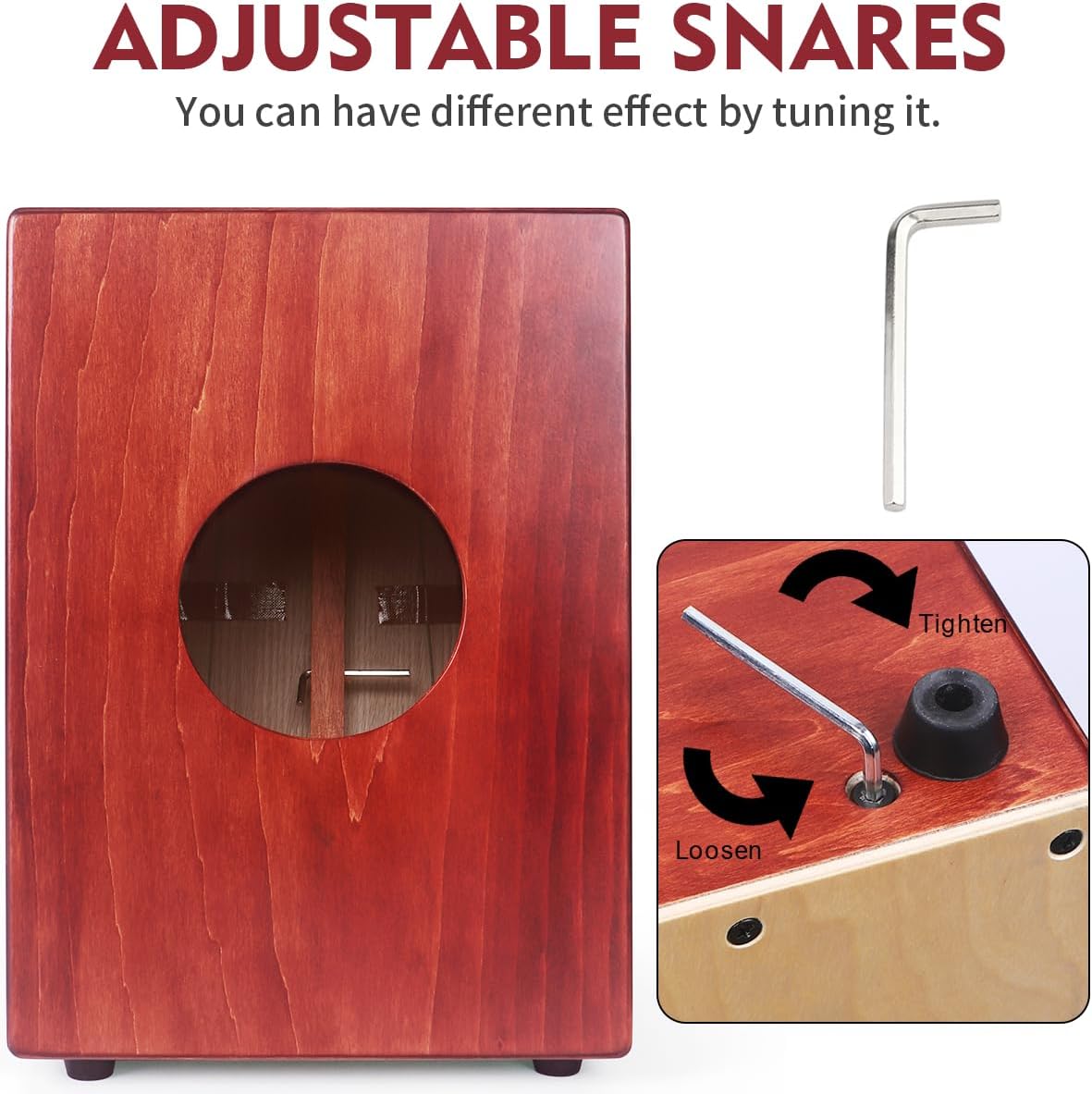 Cajon AKLOT com armadilhas ajustáveis para diferentes efeitos sonoros, mostrada chave Allen para ajuste.
