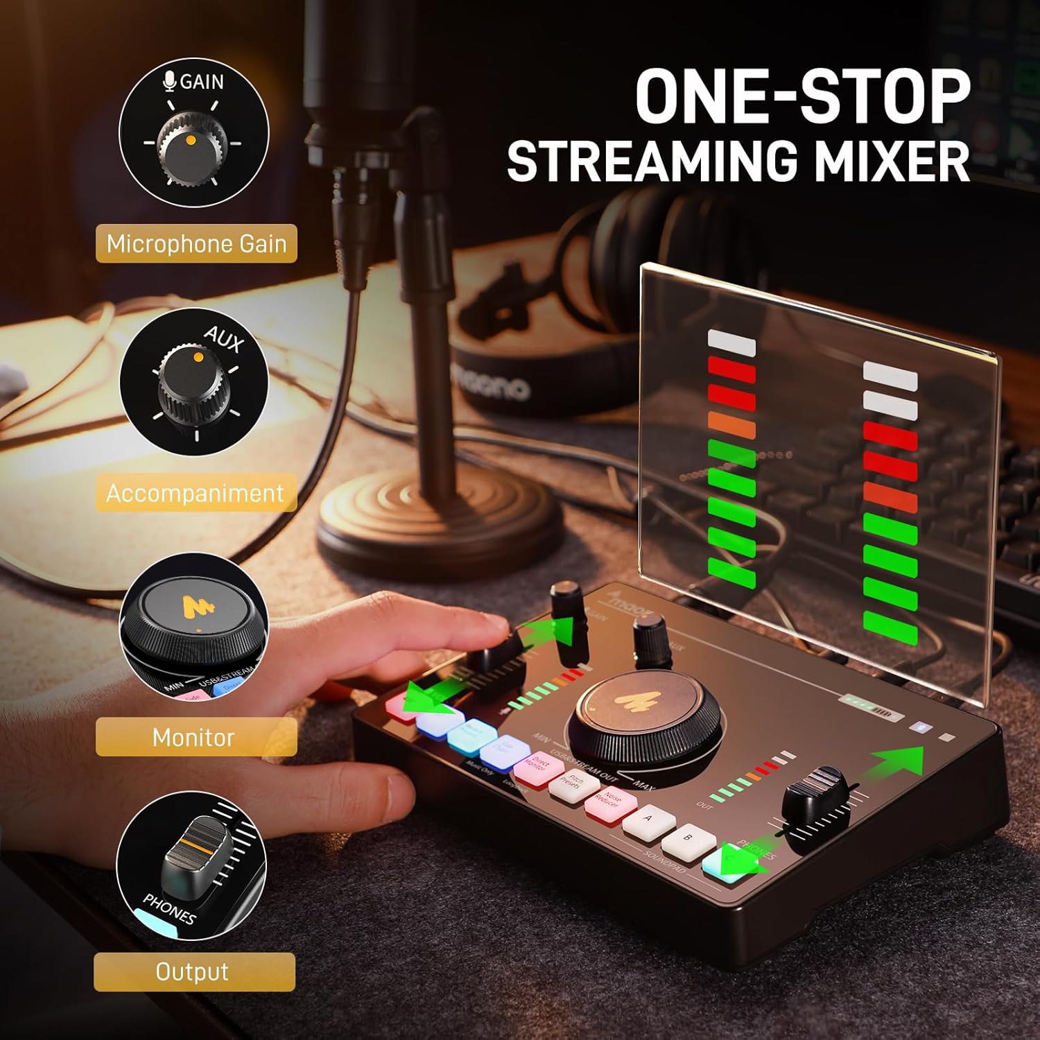 Placa de som MAONO com mixer all-in-one para streaming, controles de ganho, acompanhamento, monitor e saída