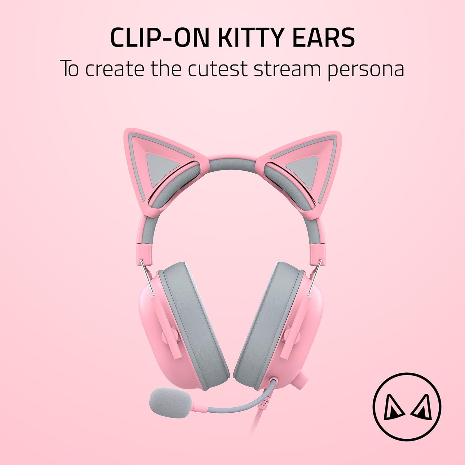 Headset rosa com os acessórios Razer Kitty Ears V2 para fone, design para streamers
