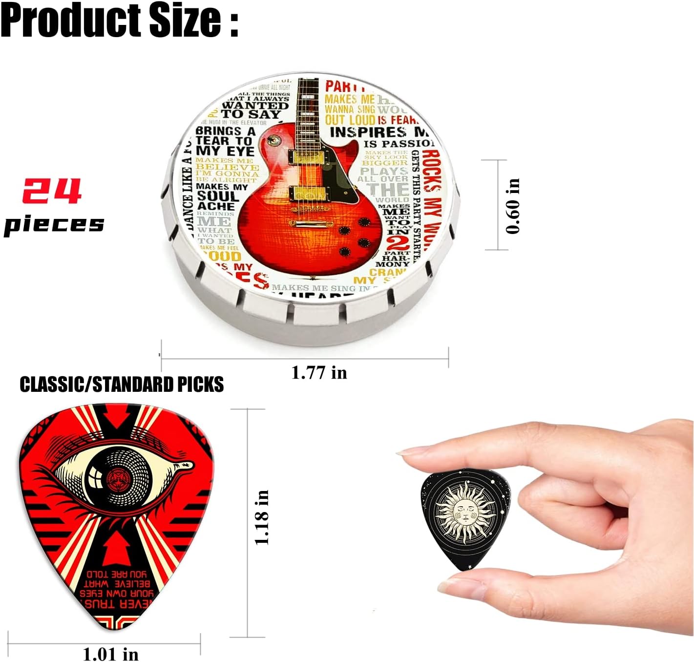 Estojo metálico e palheta para guitarra com dimensões exibidas, contendo 24 palhetas com design clássico.