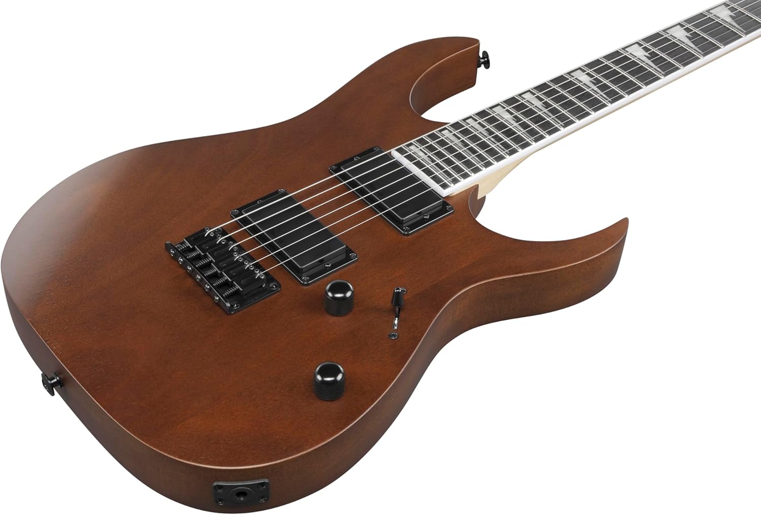 Guitarra Ibanez Gio GRG 121DX corpo Okoume Walnut Flat vista frontal superior com captadores e controles.