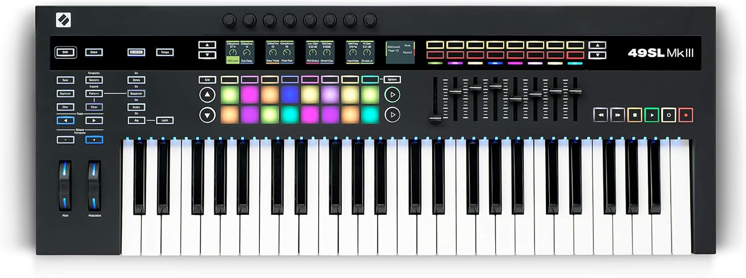 Teclado controlador Novation SL Mk3-49 com 49 teclas semipesadas e controles iluminados