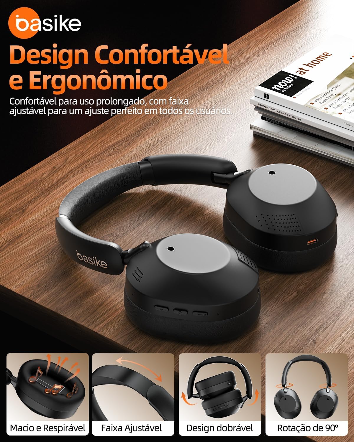 Headphone Basike Ba-FON-195 com design confortável, faixa ajustável e dobrável para uso prolongado