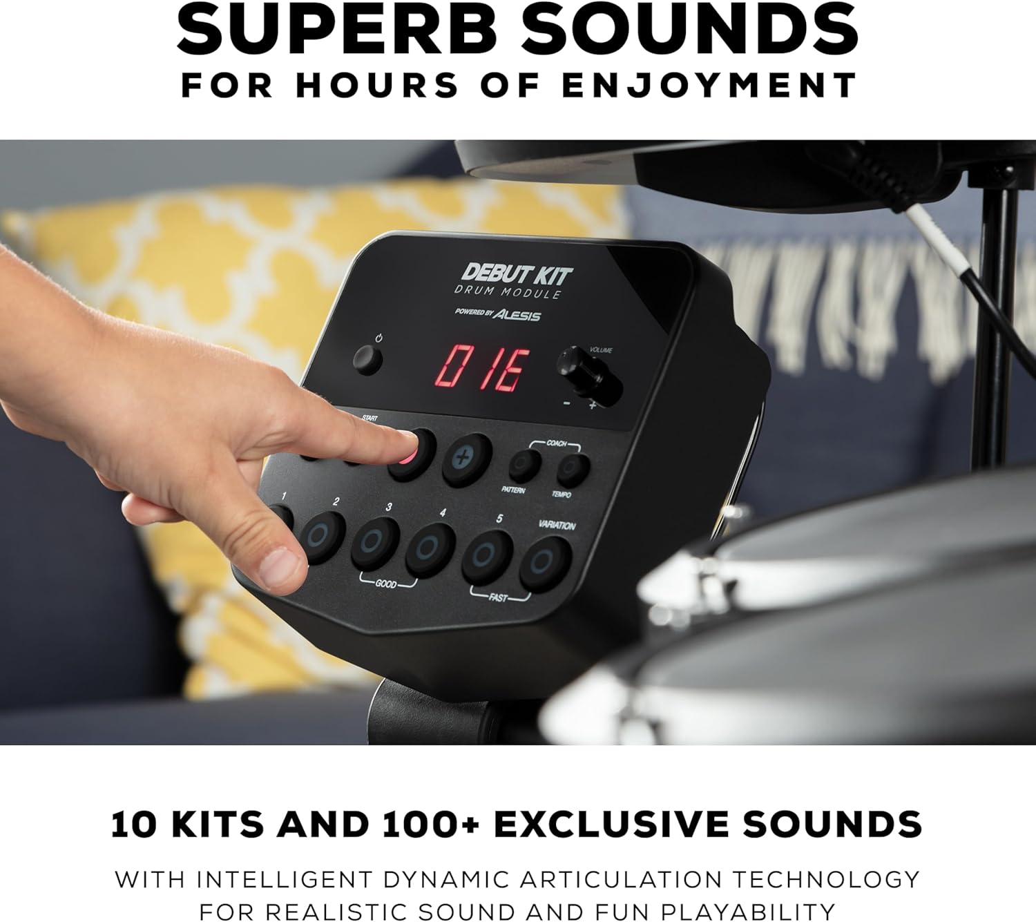 Módulo de som Debut Kit da bateria eletrônica Alesis com controle de funções e sons exclusivos