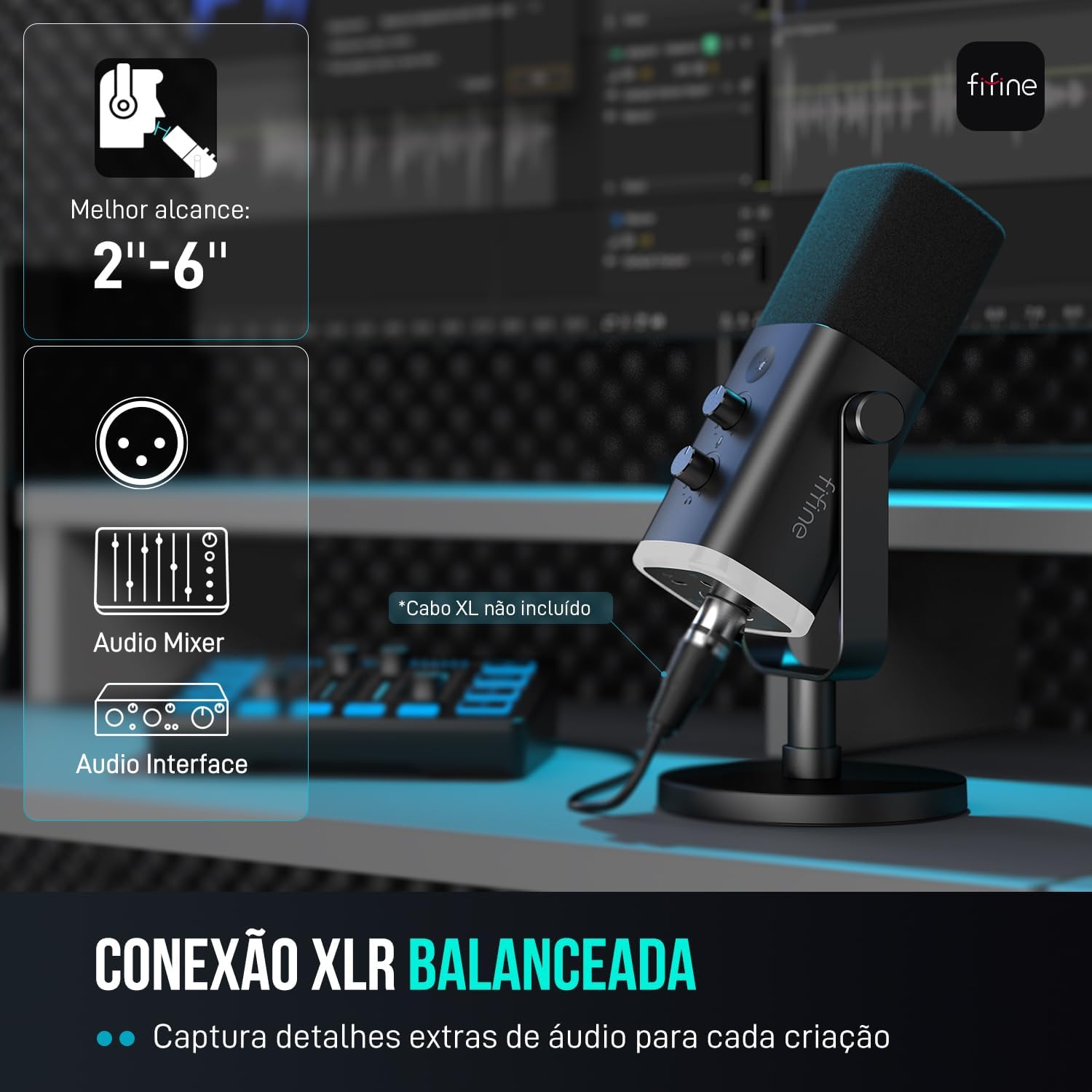 Microfone FIFINE AM8 com conexão XLR balanceada para uso profissional em estúdio e streaming
