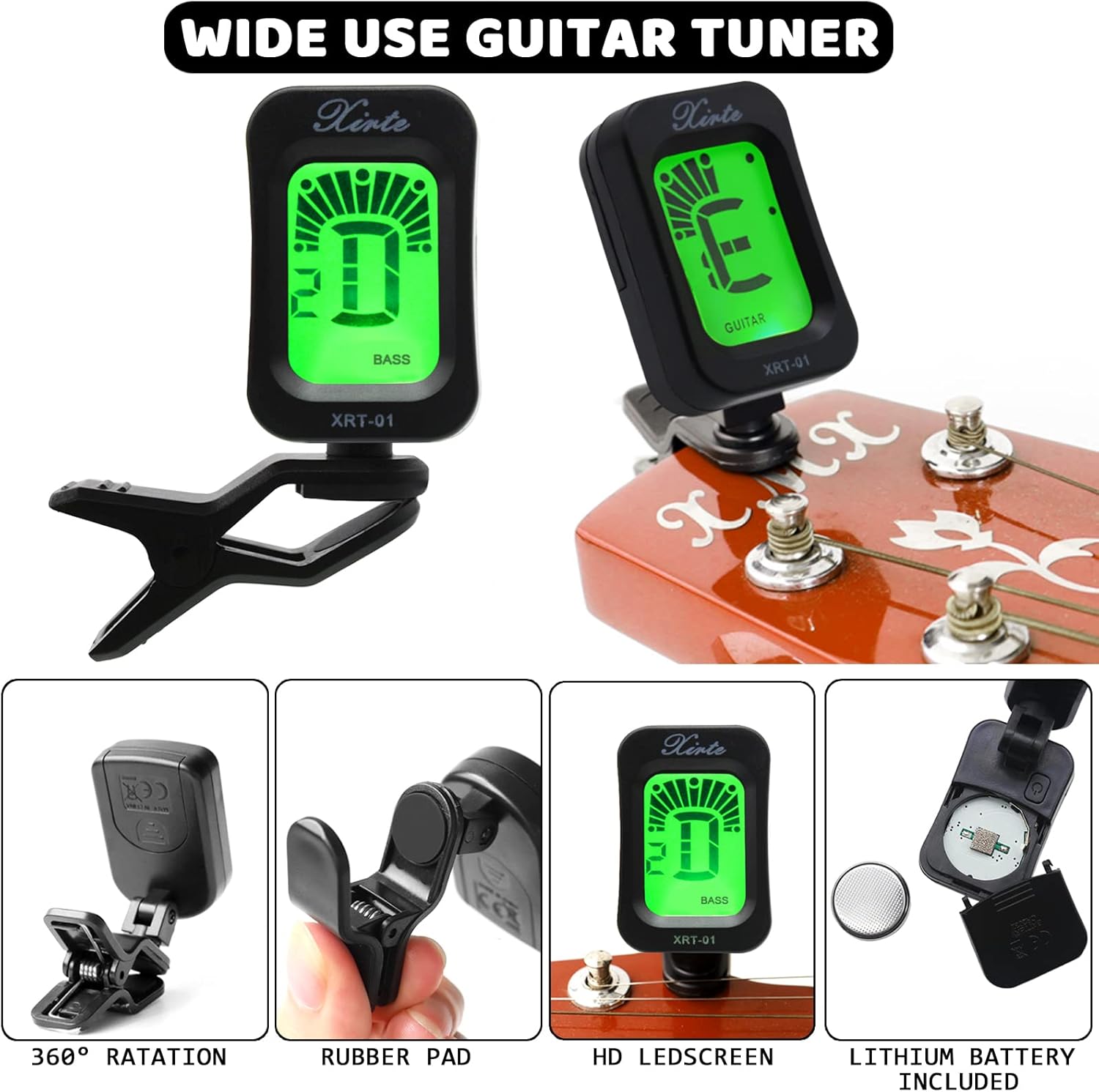 Afinador digital de violão com visor LED verde, clipe ajustável e bateria inclusa.