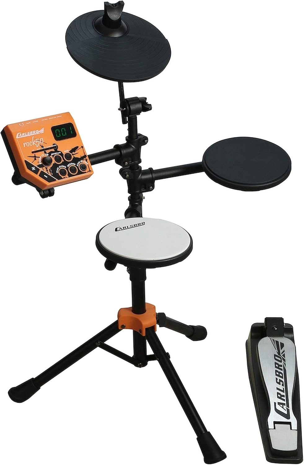 Carlsbro Rock50 bateria eletrônica com 3 pads, display digital, módulo de controle laranja e pedal preto
