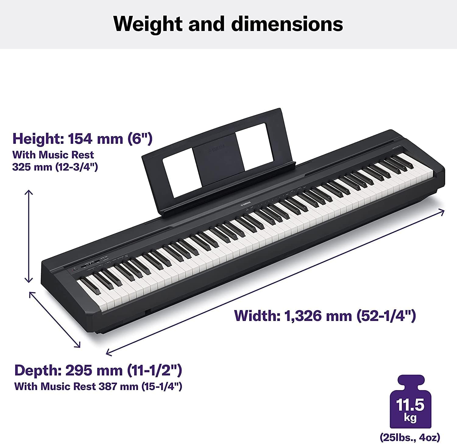 Dimensões e peso do piano digital Yamaha P-45B preto com suporte para partituras
